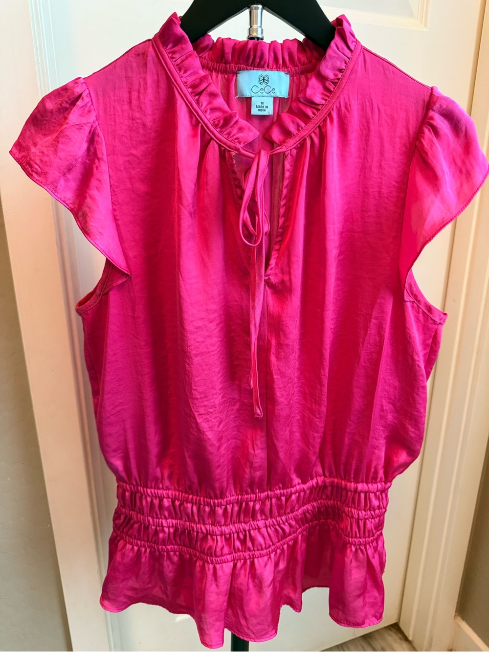 CeCe Fuchsia Ruffled Tie-Neck Peplum Blouse